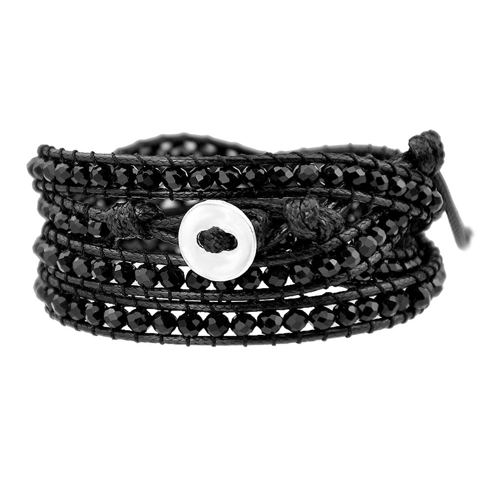 Brazalete ajustable de múltiples capas de cristal múltiple tejido tejido de mano negro al por mayor